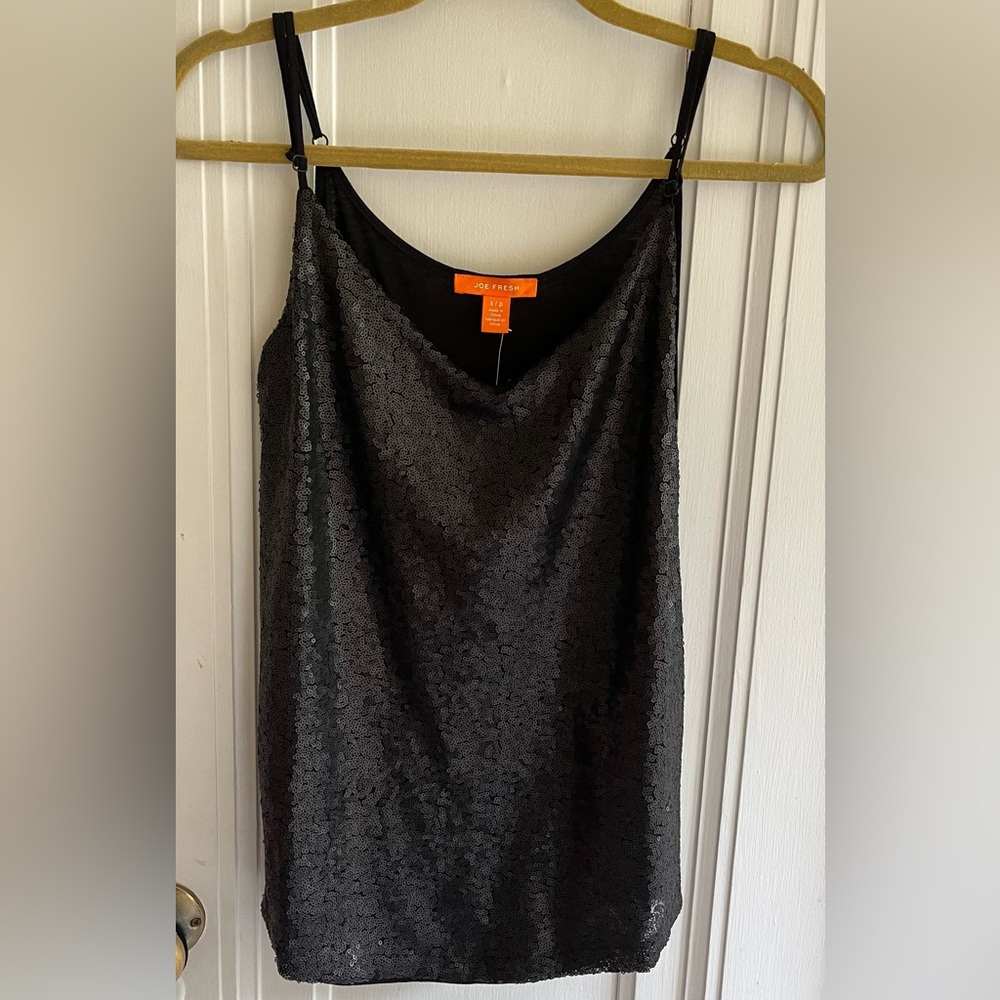 Joe Fresh Womens Camisole Top Black Sleeveless Adjustable Sequin Pullover NWT